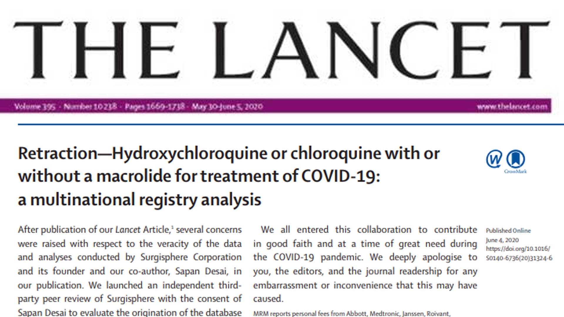 Hydroxychloroquine : la polémique enfle, trois des quatre auteurs de l'étude du Lancet se rétractent