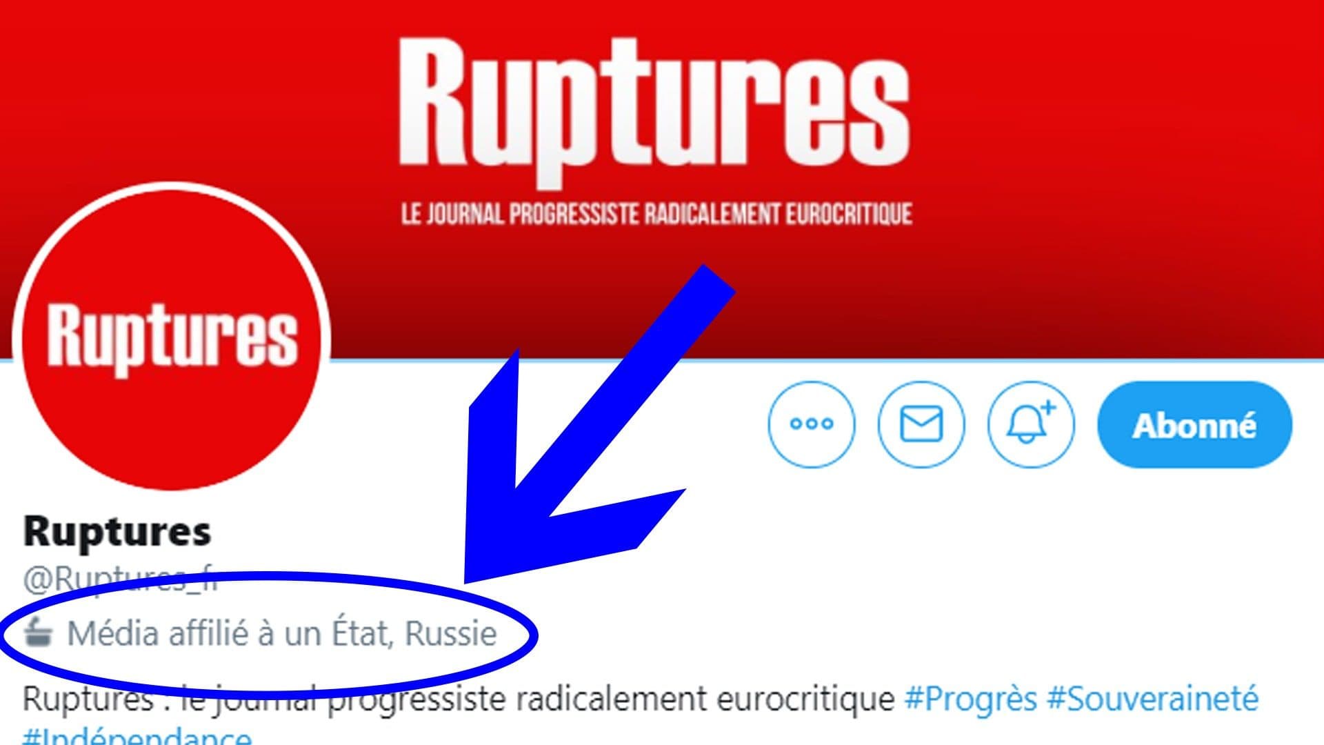 La revue indépendante Ruptures qualifiée arbitrairement par Twitter de « Média affilié à un État, Russie »