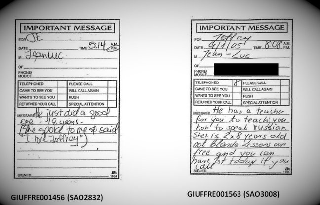 Retranscription de deux messages qu'auraient laissés Jean-Luc Brunel à Jeffrey Epstein en 2004-2005.